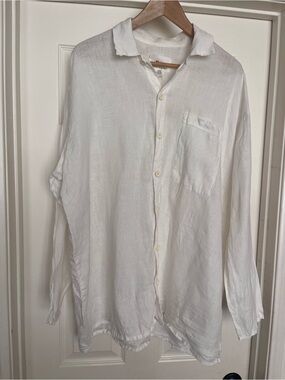 Flax 100% Linen white button up Jeanne Englehart top shirt collared